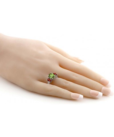 925 Sterling Silver Green Peridot and Red Garnet 3 Stone Ring For Women (2.45 Cttw, Gemstone Birthstone, Available In Size 5,...