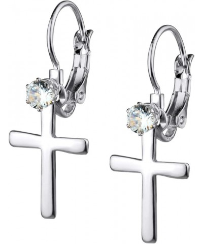 Womens Stainless Steel Small Cross CZ Stud Dangle Lever Back Earrings Silver $9.00 Earrings