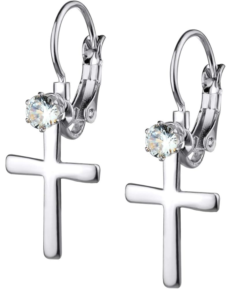 Womens Stainless Steel Small Cross CZ Stud Dangle Lever Back Earrings Silver $9.00 Earrings