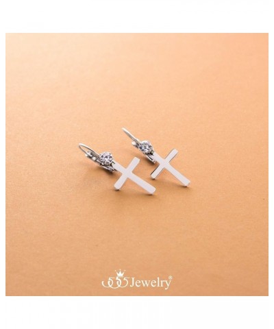 Womens Stainless Steel Small Cross CZ Stud Dangle Lever Back Earrings Silver $9.00 Earrings