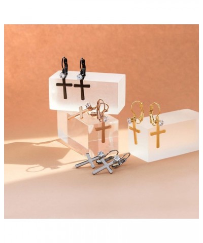 Womens Stainless Steel Small Cross CZ Stud Dangle Lever Back Earrings Silver $9.00 Earrings