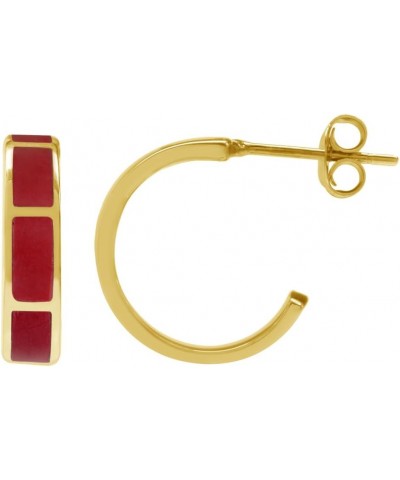 White Gold Plated 925 Sterling Silver Stone Inlay C Hoop Earrings Created Red Coral - Yellow Gold Plated yellow gold plated $...