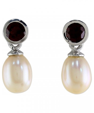 Artisan Handmade Cultured Pearl Garnet Drop Earrings Sterling Silver White Thailand Aurora Birthstone [0.8 in L x 0.3 in W x ...