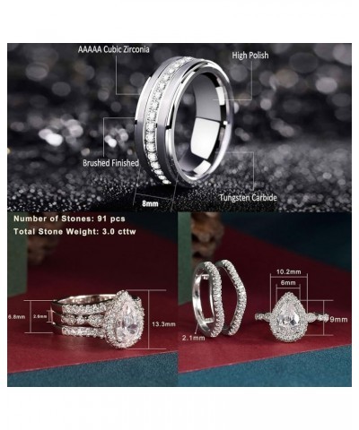 Wedding Ring Sets for Him and Her AAAAA Cz Promise Rings for Couples Women Mens Band Pear Shape Size 5-13 Men's Size 8 & Wome...