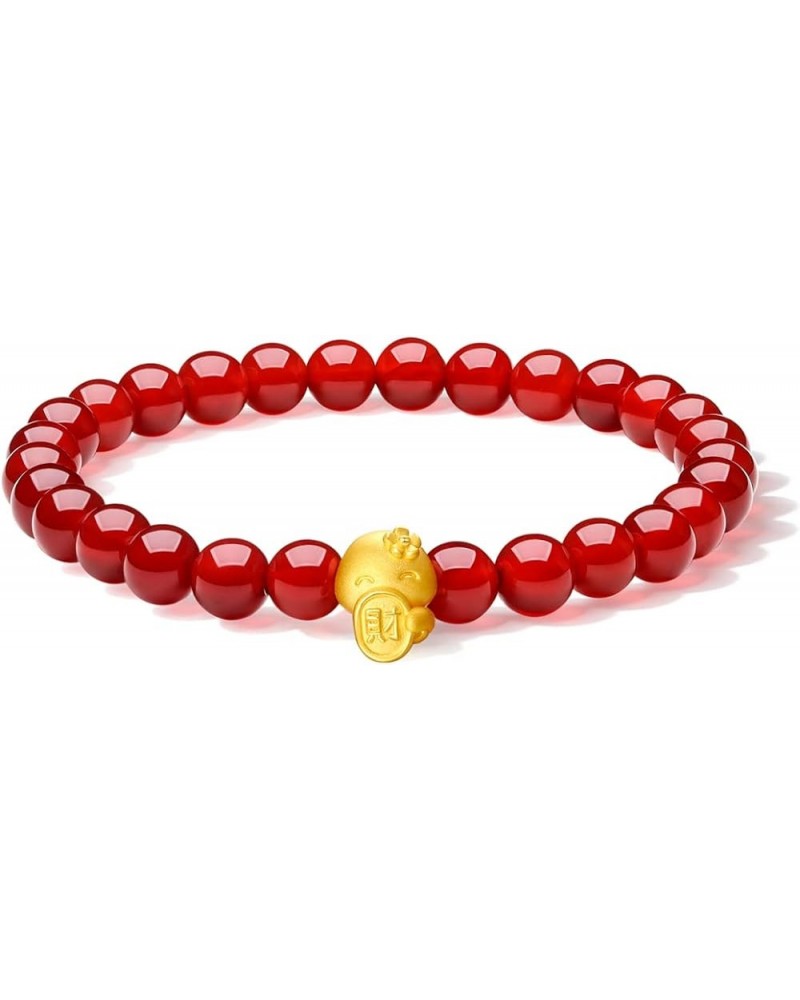 24K Solid Gold Bracelets for Women, Stretchable Lucky Animals Real Gold Rabbit Bangle Charm Bracelets, Pure Gold Agate Beaded...