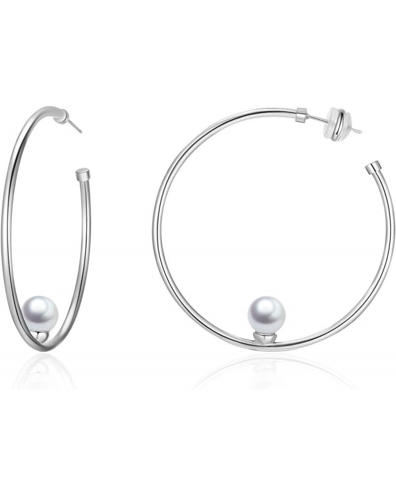 Large Silver Pearl and 14k Gold Plated Hoop Earrings for Women 50MM White Gold $10.74 Earrings