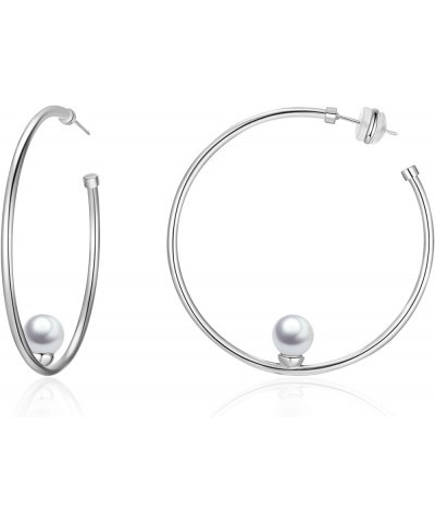 Large Silver Pearl and 14k Gold Plated Hoop Earrings for Women 50MM White Gold $10.74 Earrings