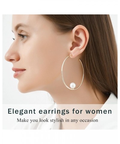 Large Silver Pearl and 14k Gold Plated Hoop Earrings for Women 50MM White Gold $10.74 Earrings