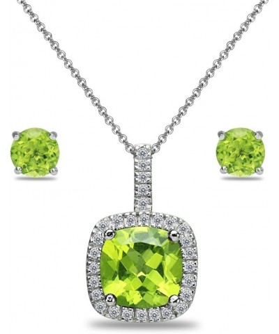 Sterling Silver Genuine or Synthetic Gemstone & White Topaz Cushion-Cut Necklace & Stud Earrings Set Peridot $29.49 Jewelry Sets