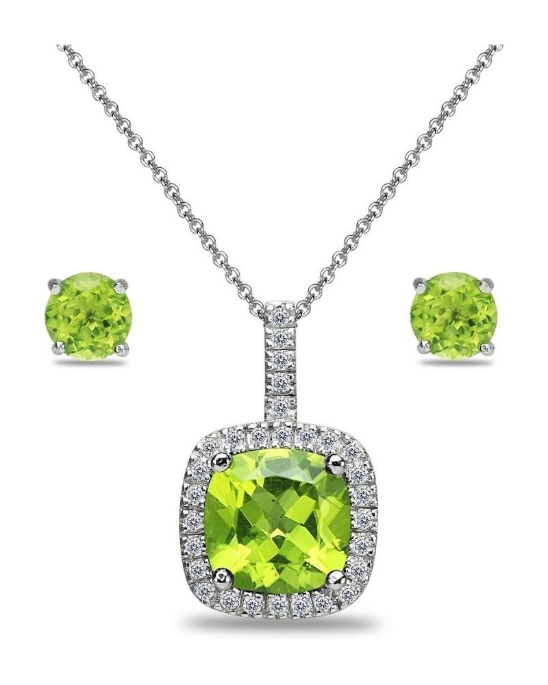 Sterling Silver Genuine or Synthetic Gemstone & White Topaz Cushion-Cut Necklace & Stud Earrings Set Peridot $29.49 Jewelry Sets