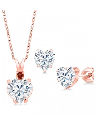 18K Rose Gold Plated Silver White Moissanite and Red Garnet Pendant and Earrings Jewelry Set For Women (4.15 Cttw, Heart Shap...