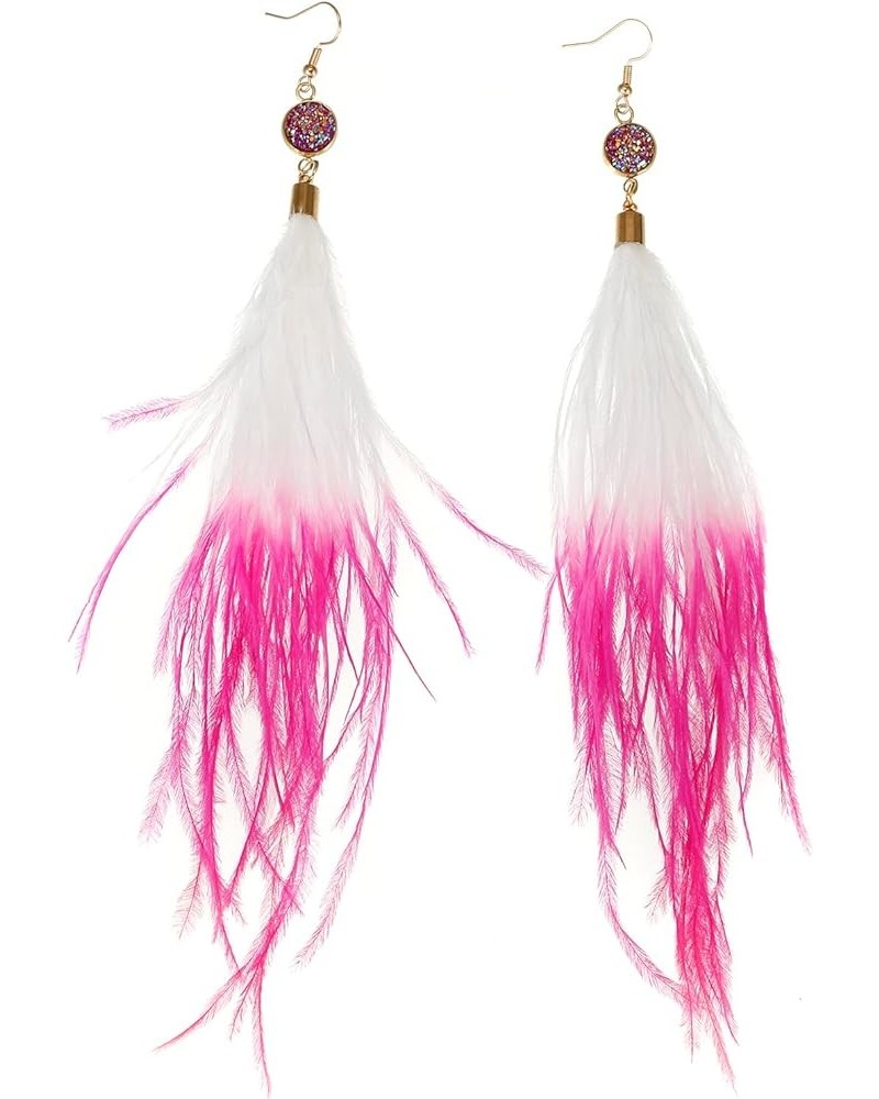 Long Feather Earrings for Women, Bohemian Elegant Delicate Faux Druzy Charms Dangle Earrings Hot Pink and White $9.17 Earrings