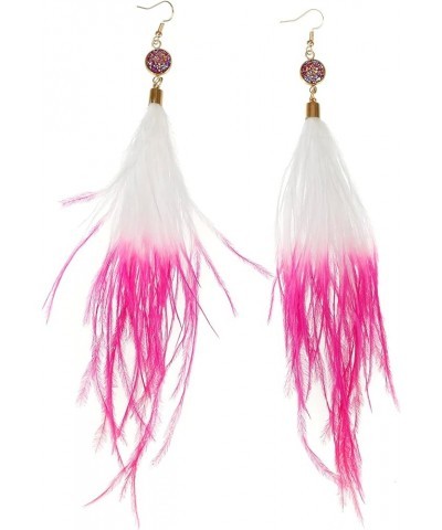 Long Feather Earrings for Women, Bohemian Elegant Delicate Faux Druzy Charms Dangle Earrings Hot Pink and White $9.17 Earrings