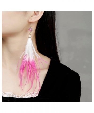 Long Feather Earrings for Women, Bohemian Elegant Delicate Faux Druzy Charms Dangle Earrings Hot Pink and White $9.17 Earrings