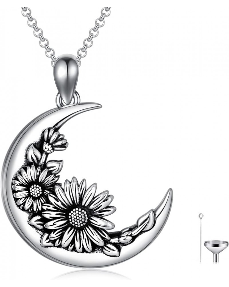 Sterling Silver Moon Crescent Shape Birth Flower Urn Necklace Gothic Birth Flower Cremation Jewelry for Women Daisy Flower Ur...