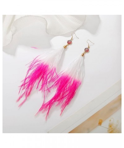 Long Feather Earrings for Women, Bohemian Elegant Delicate Faux Druzy Charms Dangle Earrings Hot Pink and White $9.17 Earrings