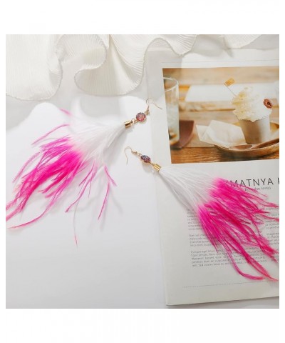 Long Feather Earrings for Women, Bohemian Elegant Delicate Faux Druzy Charms Dangle Earrings Hot Pink and White $9.17 Earrings