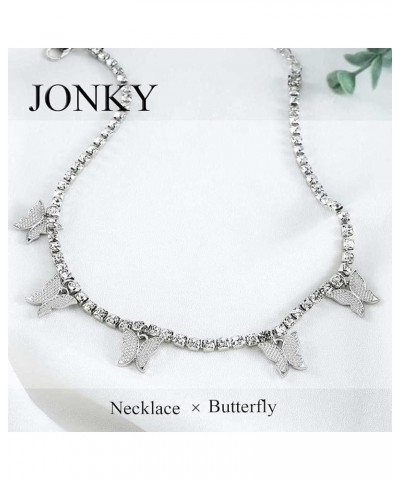 Rhinestone Choker Necklace Butterfly Pendant Necklaces Chain Sparkly Tennis Necklace Fashion Party Jewelry for Women and Girl...