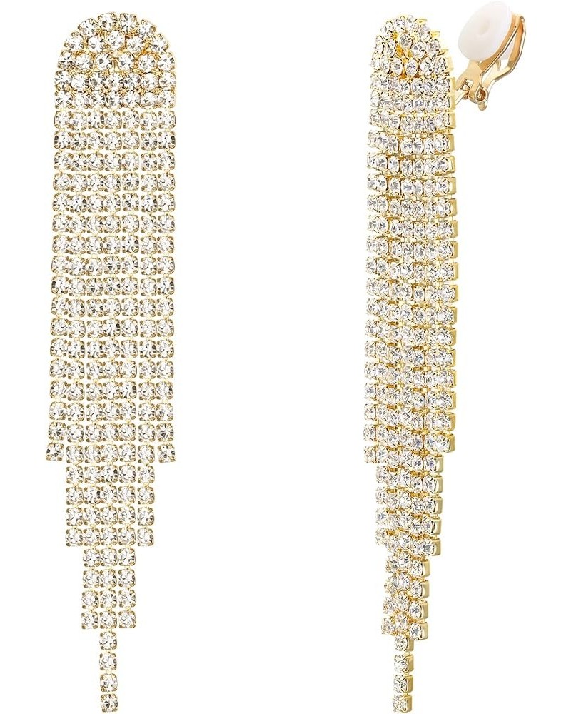 Women's Wedding Bridal Crystal Beaded Tassel Fringe Chandelier Dangle Earrings Clip-on Gold-Tone $10.50 Earrings