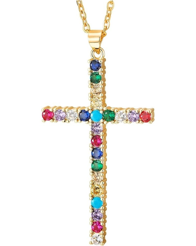 Womens Steel Colorful Cubic Zirconia Cross Pendant Necklace, Adjustable Rope Chain, Unique A-Stone Color:Colorful $9.24 Neckl...