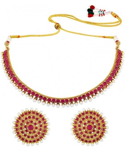 Bollywood Fashion Faux Stone Wedding Necklace Big Earrings Indian Fashion Jewelry Set For Women Rani Pink $12.71 Jewelry Sets