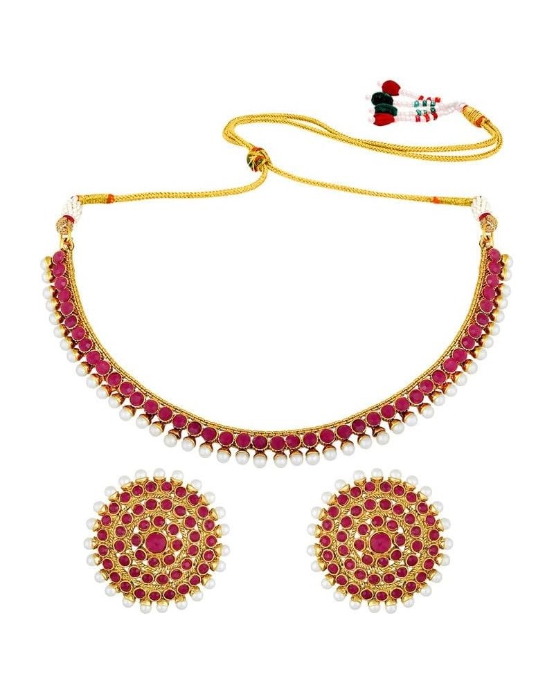 Bollywood Fashion Faux Stone Wedding Necklace Big Earrings Indian Fashion Jewelry Set For Women Rani Pink $12.71 Jewelry Sets