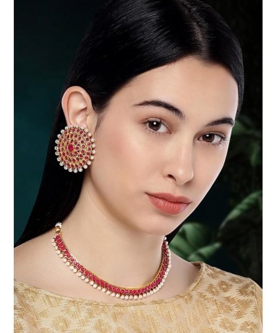 Bollywood Fashion Faux Stone Wedding Necklace Big Earrings Indian Fashion Jewelry Set For Women Rani Pink $12.71 Jewelry Sets