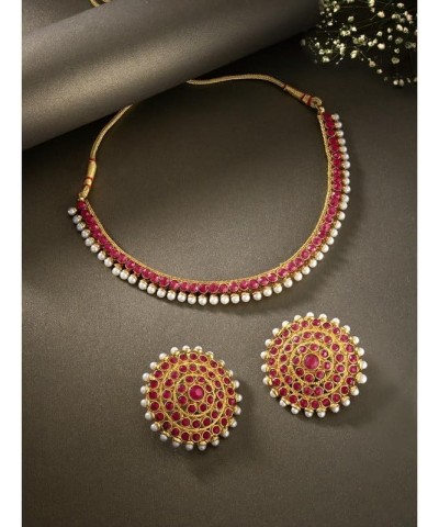 Bollywood Fashion Faux Stone Wedding Necklace Big Earrings Indian Fashion Jewelry Set For Women Rani Pink $12.71 Jewelry Sets