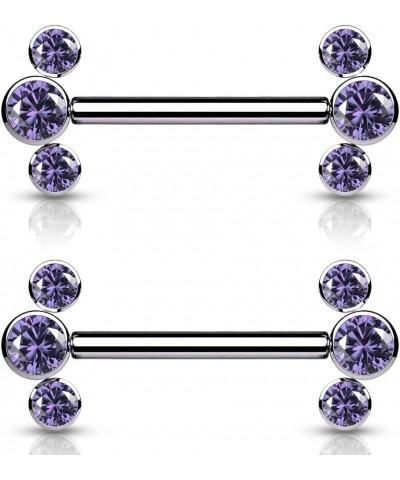 Dynamique Implant Grade Titanium Threadless Push In Nipple Barbell With 3 CZ Bezel Set Ends (Sold Per Pair Or Per Piece) Purp...