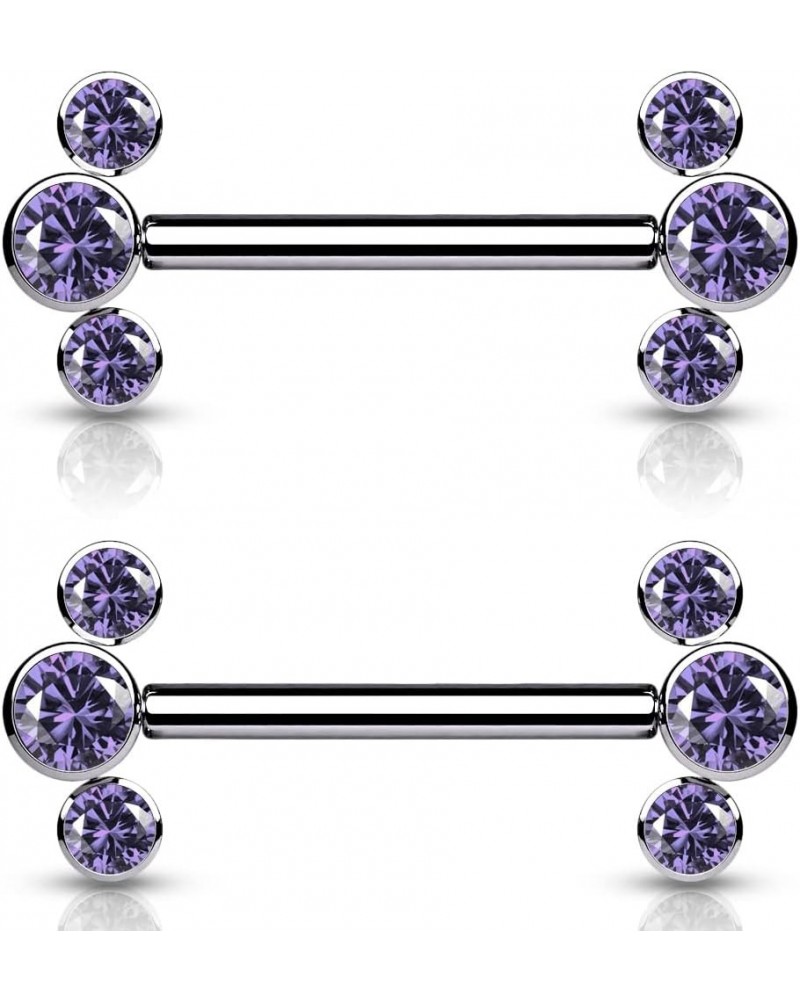 Dynamique Implant Grade Titanium Threadless Push In Nipple Barbell With 3 CZ Bezel Set Ends (Sold Per Pair Or Per Piece) Purp...