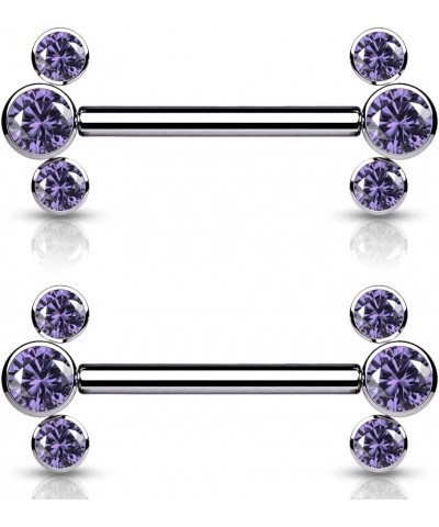 Dynamique Implant Grade Titanium Threadless Push In Nipple Barbell With 3 CZ Bezel Set Ends (Sold Per Pair Or Per Piece) Purp...