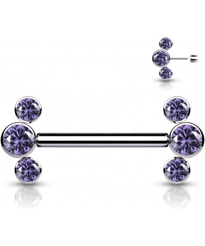 Dynamique Implant Grade Titanium Threadless Push In Nipple Barbell With 3 CZ Bezel Set Ends (Sold Per Pair Or Per Piece) Purp...