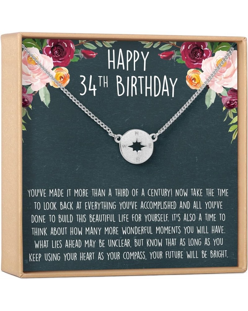 34th Birthday Necklace - Heartfelt Card & Jewelry Gift Set for Women Compass Silver $28.49 Necklaces