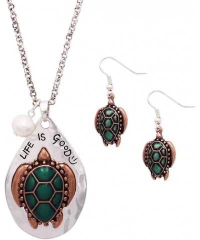 Women's Whimsical Sea Turtle Life is Good Medallion Pendant Necklace and Earring Set, 30"-32" with 2" Extender $13.16 Jewelry...