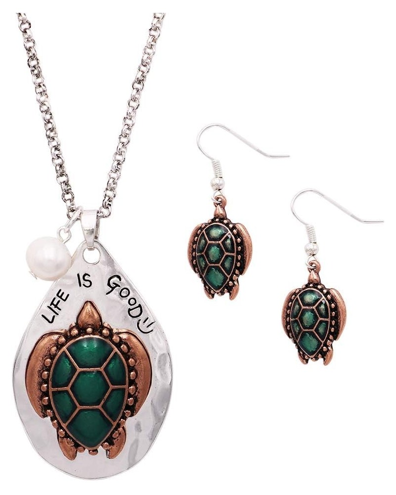 Women's Whimsical Sea Turtle Life is Good Medallion Pendant Necklace and Earring Set, 30"-32" with 2" Extender $13.16 Jewelry...