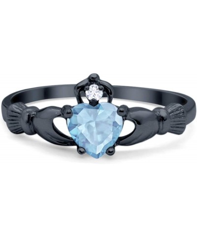 Irish Claddagh Heart Promise Ring Lab Created Round CZ 925 Sterling Silver Choose Color Black Tone, Simulated Blue Aquamarine...