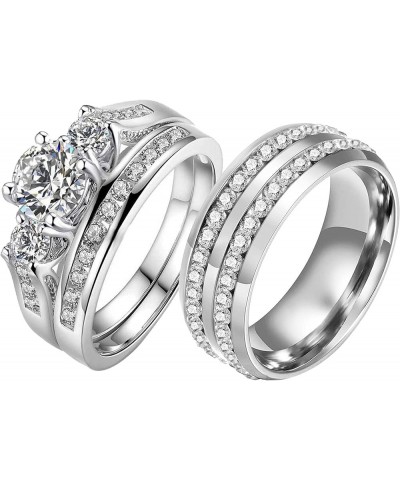 Couple Ring Bridal Set His Hers White Gold Plated CZ Stainless Steel Wedding Ring Band Set White women's size 6 & men's size ...