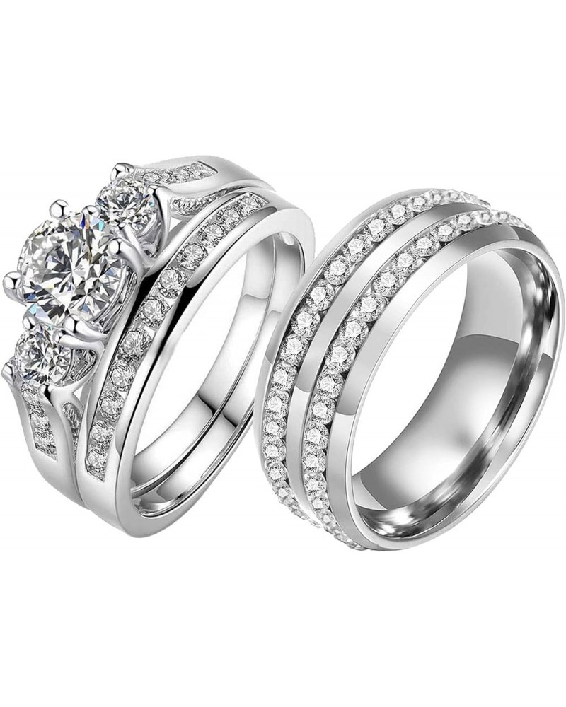 Couple Ring Bridal Set His Hers White Gold Plated CZ Stainless Steel Wedding Ring Band Set White women's size 6 & men's size ...