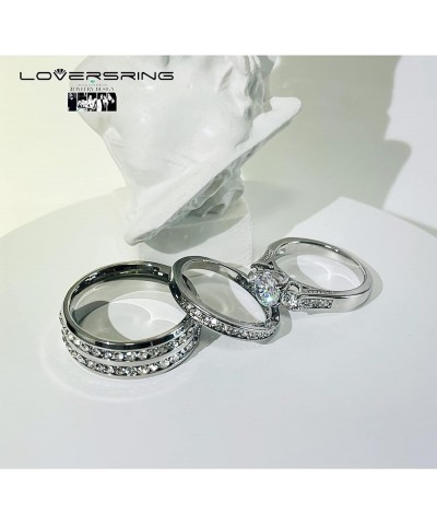 Couple Ring Bridal Set His Hers White Gold Plated CZ Stainless Steel Wedding Ring Band Set White women's size 6 & men's size ...