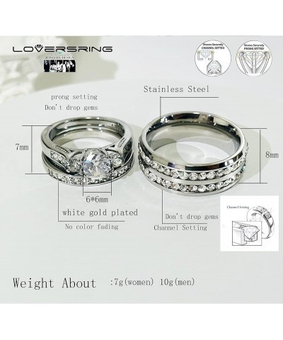 Couple Ring Bridal Set His Hers White Gold Plated CZ Stainless Steel Wedding Ring Band Set White women's size 6 & men's size ...