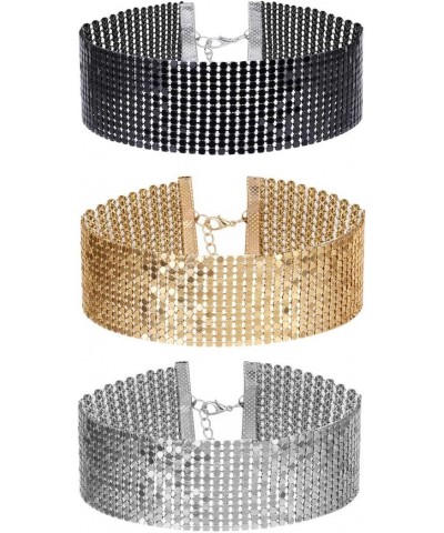 3 Pcs Women's Gold and Black Thick Rhinestone Metal Sequins Choker Necklace Set for Girls $7.27 Necklaces