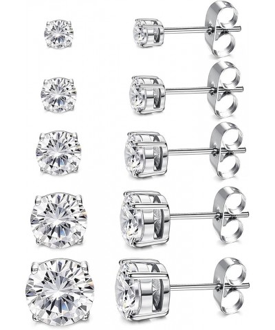 Women's 14K Gold Plated CZ Stud Earrings Simulated Diamond Round Cubic Zirconia Ear Stud Set(5 Pairs) Silver $9.43 Earrings