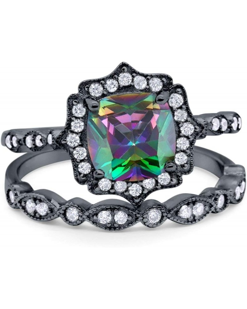 Two Piece Art Deco Wedding Engagement Ring Band Cushion Cubic Zirconia 925 Sterling Silver Black Tone, Simulated Rainbow CZ $...