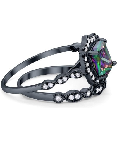 Two Piece Art Deco Wedding Engagement Ring Band Cushion Cubic Zirconia 925 Sterling Silver Black Tone, Simulated Rainbow CZ $...