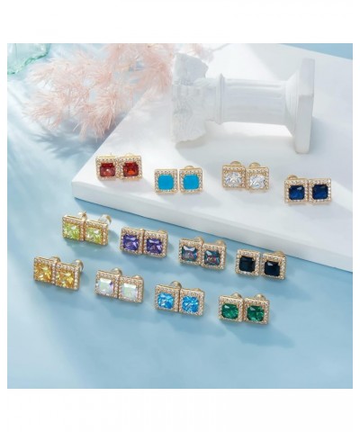 Stud Earrings For Women Men 2 Pairs Sterling Silver Post Gold Plated Round Princess Cut Multcolors Cubic Zirconia CZ Birthsto...