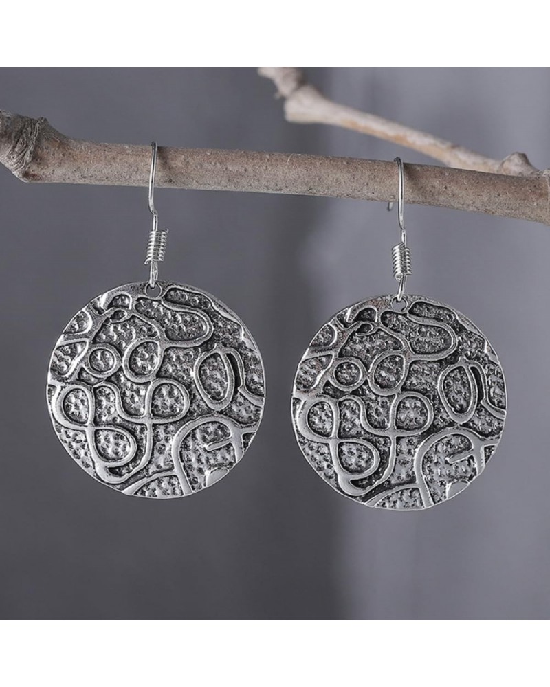 Vintage Bohemia Hand-Hammered Silver Earrings Boho Natural Stone Dangle Drop Earrings for Women Geometric Round Earring Flowe...