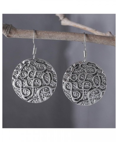 Vintage Bohemia Hand-Hammered Silver Earrings Boho Natural Stone Dangle Drop Earrings for Women Geometric Round Earring Flowe...