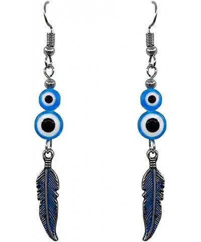 Double Evil Eye Bead Colored Metal Feather Charm Dangle Earrings - Nazar Fashion Jewelry Handmade Boho Spiritual Accessories ...