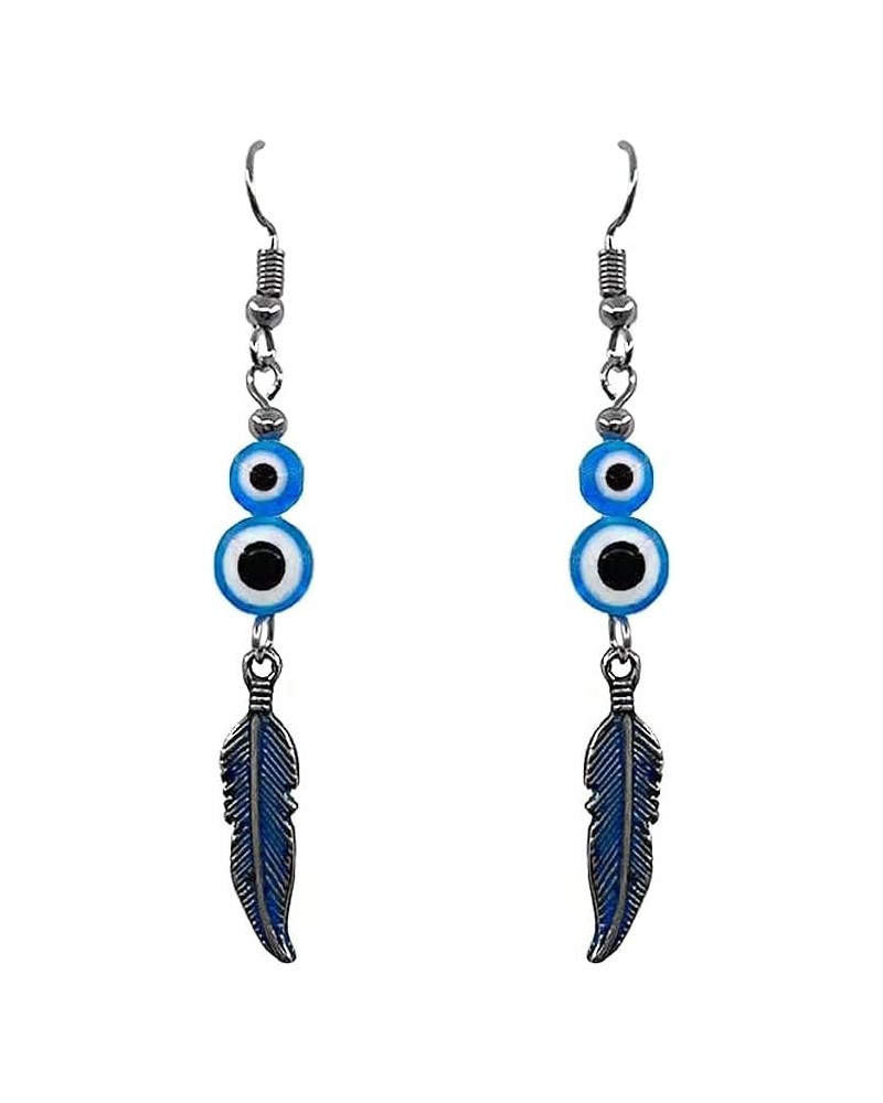 Double Evil Eye Bead Colored Metal Feather Charm Dangle Earrings - Nazar Fashion Jewelry Handmade Boho Spiritual Accessories ...