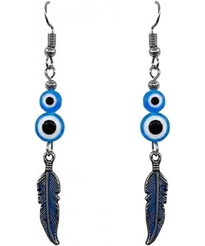 Double Evil Eye Bead Colored Metal Feather Charm Dangle Earrings - Nazar Fashion Jewelry Handmade Boho Spiritual Accessories ...